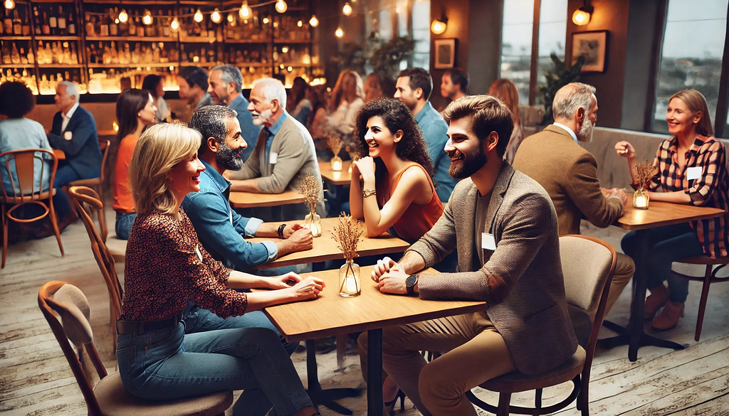 A group of diverse people over forty engaging in a speed dating event, showing lively conversations and smiles