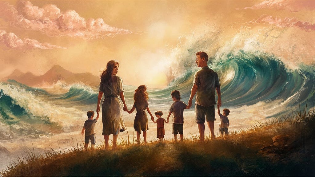 An artistic representation of a family holding hands, standing on a hill overlooking a tsunami approaching in the distance, with a soft, dream-like quality to the image