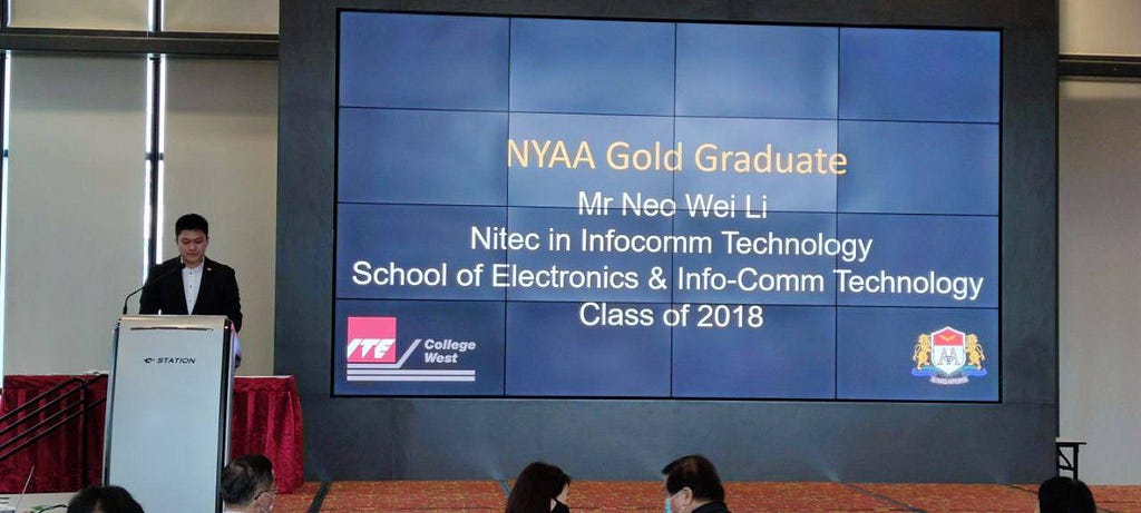 NYAA Gold Graduate, Neo Wei Li giving a speech at his endorsement ceremony.