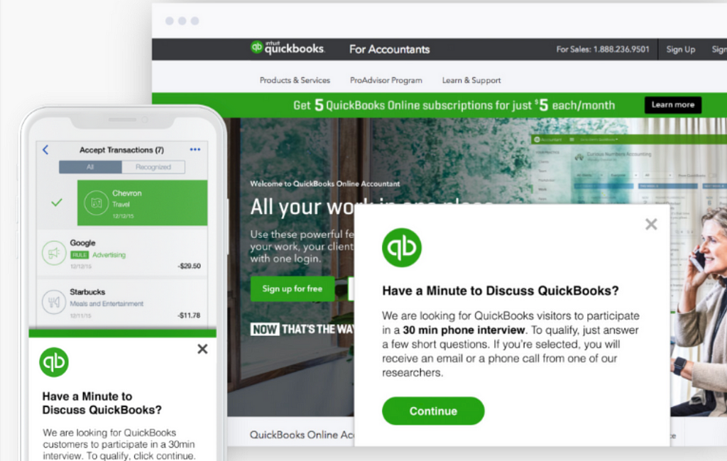 Ethnio being used on Quickbooks.com to recruit for a qualitative research session.