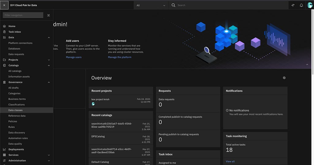 screenshot of the Cloud Pak for Data admin page showing the left hand navigation menu with “data classes” highlighted in the menu under the “Governance” hierarchy