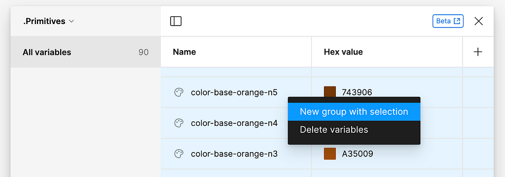 Image showing how to create a group within a collection of variables by right-clicking and selecting New group with selection