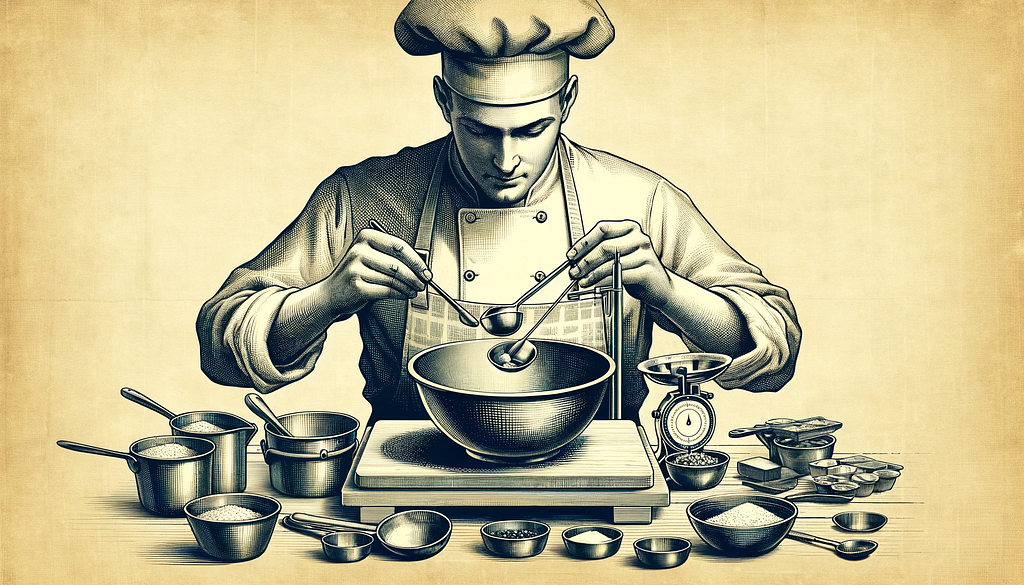 A chef carefully measures out ingredients and has a wide variety of measuring tools around his workstation for careful precision of mixing.