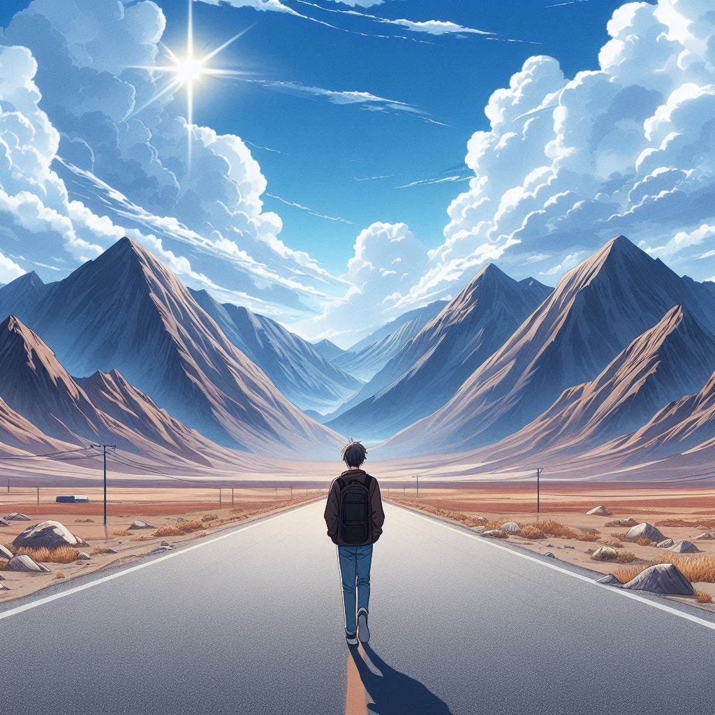 a person walking alone on an empty road surrounded by barren land and high mountains in anime style