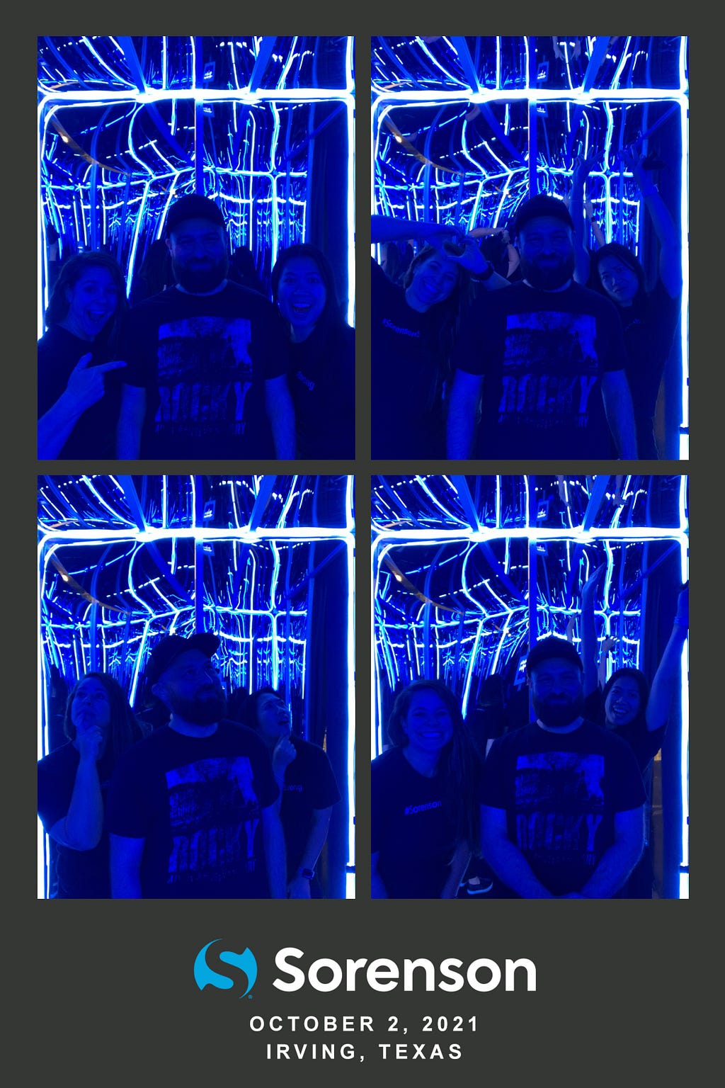 Photo comprised of four rectangle photos with snaps showing fun different poses of myself, Kris Rivenburgh, with Melissa Keomoungkhoun and Amanda Craner of Sorenson in a dark blue light room.