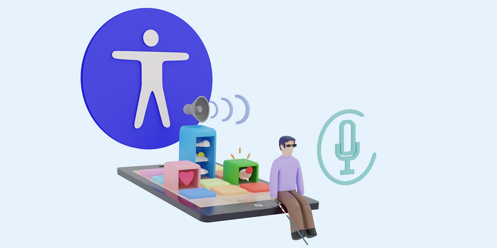 An illustration about accessibility, a blind man sitting on a phone and listening the applications