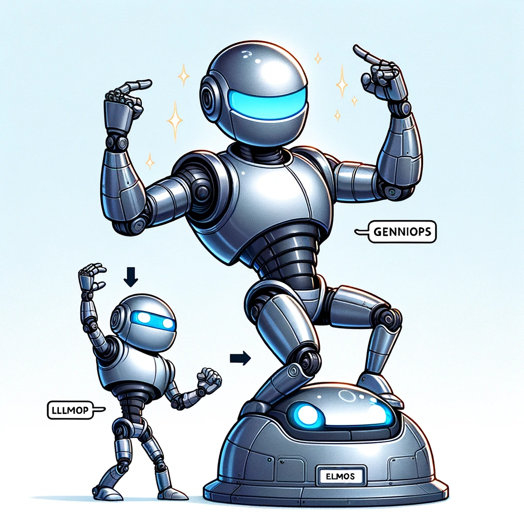 “Modify the existing cartoon-style illustration of two robots, GenOps and LLMOps. In this updated scene, GenOps, a sleek, futuristic robot with a shiny metallic surface, is now raising his arms in the air in a victorious pose while standing on top of LLMOps, a more traditional, boxy robot with visible rivets and joints. Add labels clearly identifying each robot: ‘GenOps’ on the futuristic robot and ‘LLMOps’ on the boxy robot. Maintain the playful, non-violent, and cheerful atmosphere of the orig