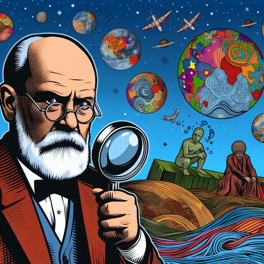 Sigmund Freud examining the world through his magnifying glass