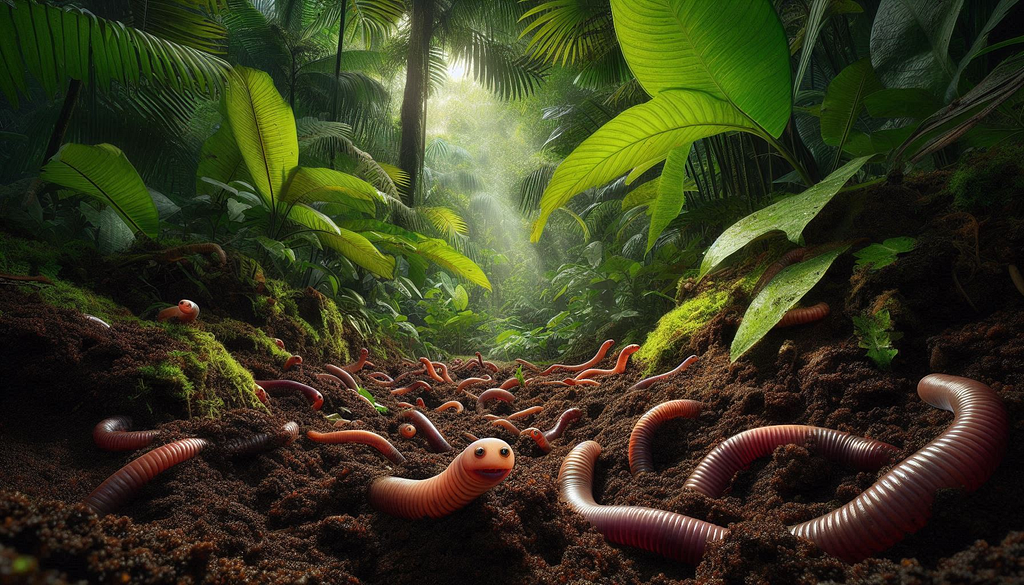 Multiple earthworms burrowing and feeding in a forest