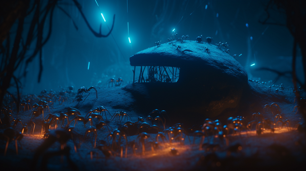 A colony of ants moving to a futuristic, neon-lit anthill.