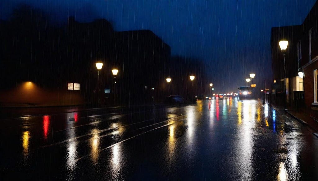 Dark street with rain and reflected street lights