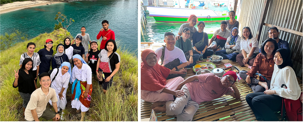 Left: Excursion to the nearby Koka Beach with St. Elisabeth Hospital team after sample collection in Sikka, Flores; right: the MRIN team was invited to have an afternoon snack in the house of one of the participants from a Bajo community in Flores after finishing six consecutive days of sample collection. Maintaining good relationships with the community and local people who assisted us during research is very important. Photo credits: MRIN