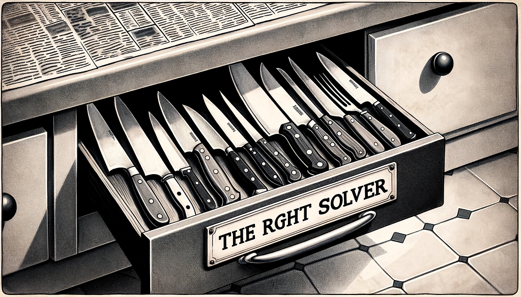 A drawer of kitchen knives that has a sign that says “The Right Solver” representing that using the right knife (tool) for the job Machine learning solving.