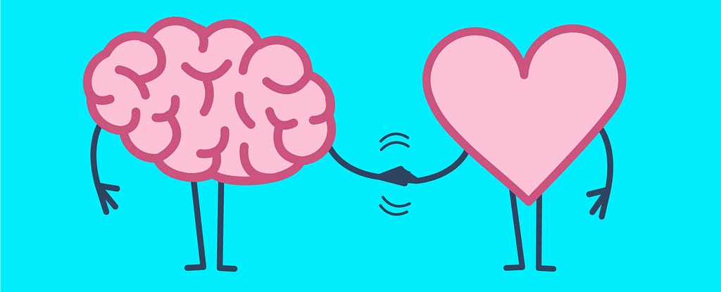The brain and the heart joining hands showing a connection between them.
