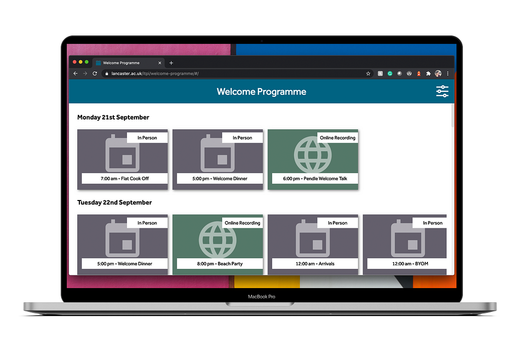 A welcome week schedule in a browser, with a colourful desktop, displayed on a MacBook.