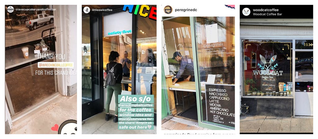 four different instagram posts of cafes with plexiglass screens for their window cafes