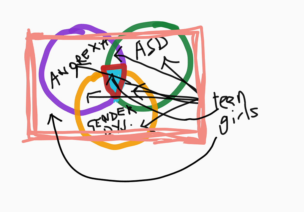 A very beautifully drawn three-ring Venn diagram. The rings are coloured and labelled, clockwise from the top left: Anorexia (purple), ASD (green), Gender Dysphoria (orange). There is an arrow pointing to the intersection of all three rings with the label ‘Teen girls’. From that label are seven more arrows, pointing to each intersections between two rings, each non-intersecting ring, and the space where no rings are.