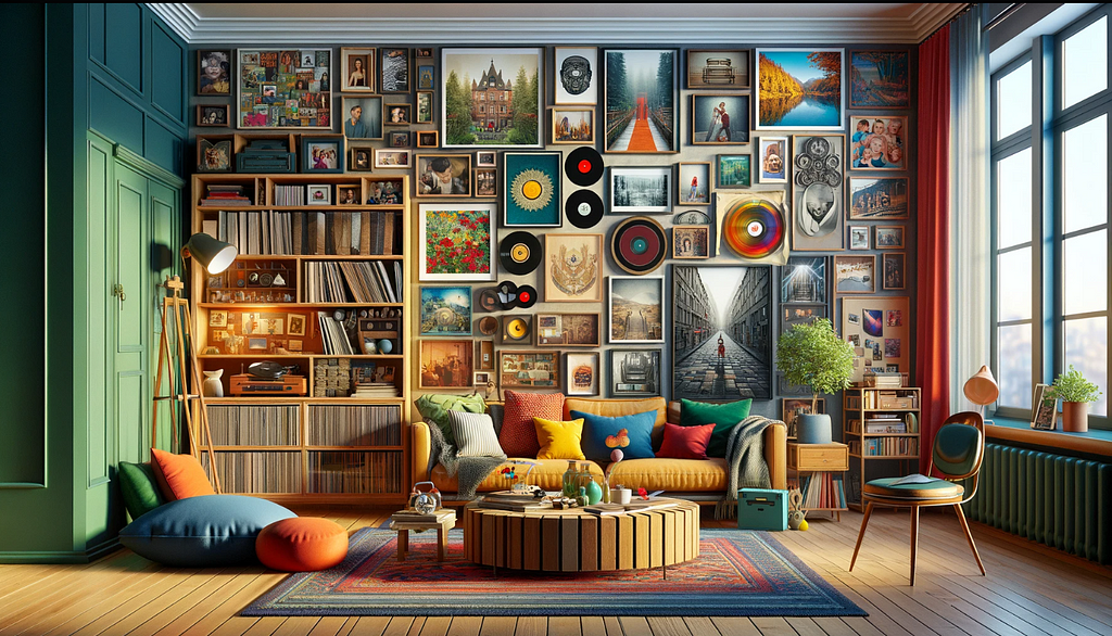 Visualize a room that perfectly balances vibrant color schemes with personal memorabilia, including a wall dedicated to framed photographs of family and memorable travels, a custom-built bookcase filled with cherished books and unique souvenirs, and a distinct area for a collection of vintage vinyl records. The furniture is a mix of modern and vintage styles, creating a unique, eclectic look that is both stylish and deeply personal. Incorporate elements such as a colorful rug, decorative throw p