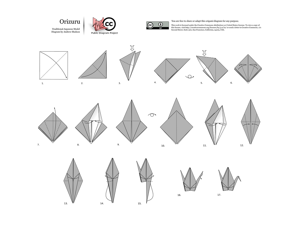 A step-by-step process illustration of a paper crane, diagrammed using the Yoshizawa-Randlett notation system.