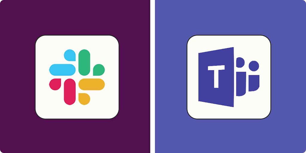 On the left side is presented the icon of Slack, while on the right is icon of Teams