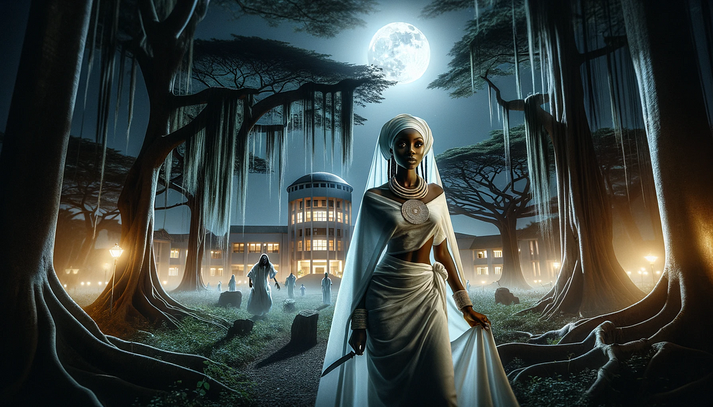 A woman with a moonlit scene in the background
