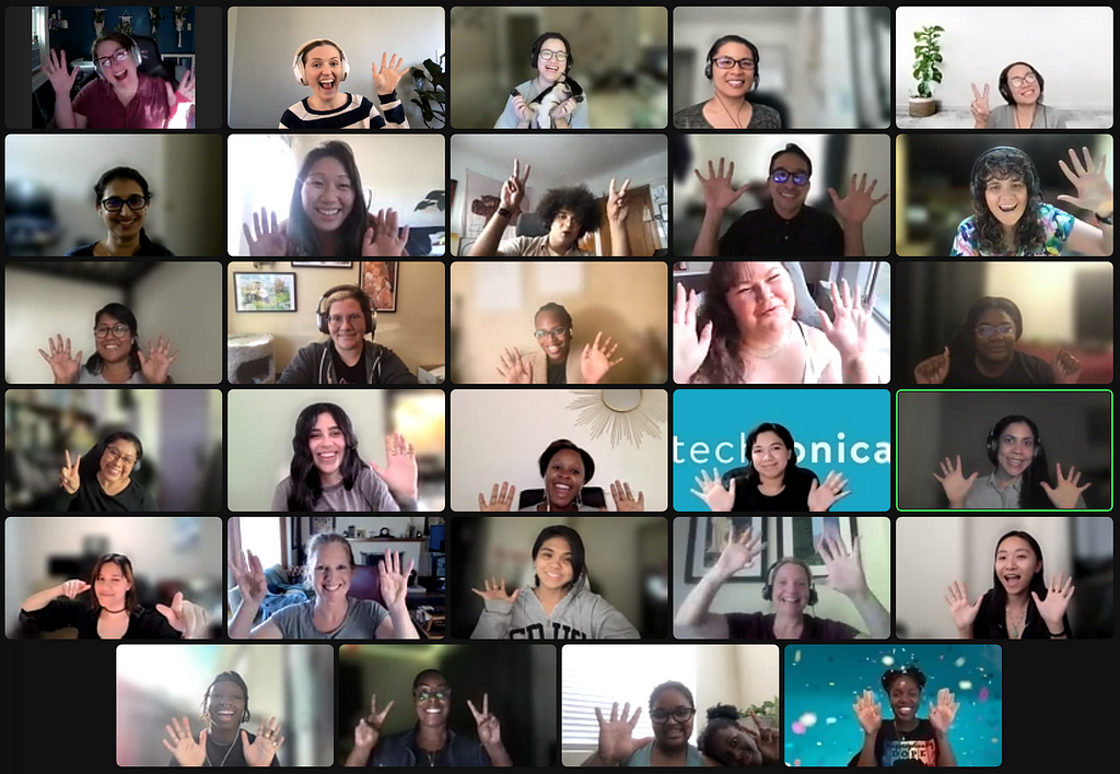 A grid of six rows of people (Techtonica staff, cohort members, graduates, and board members) cheering in a Zoom meeting