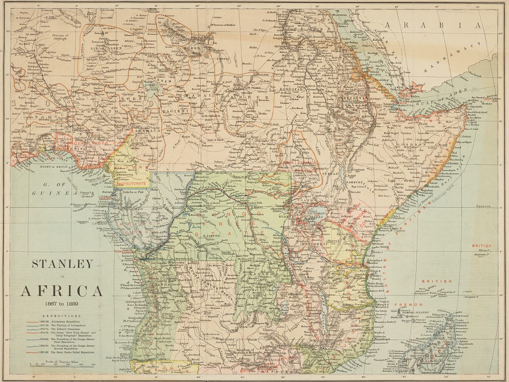 A coloured map of Africa showing the routes of Henry Morton Stanley’s expeditions through Africa. Seven expeditions are indicated in total.