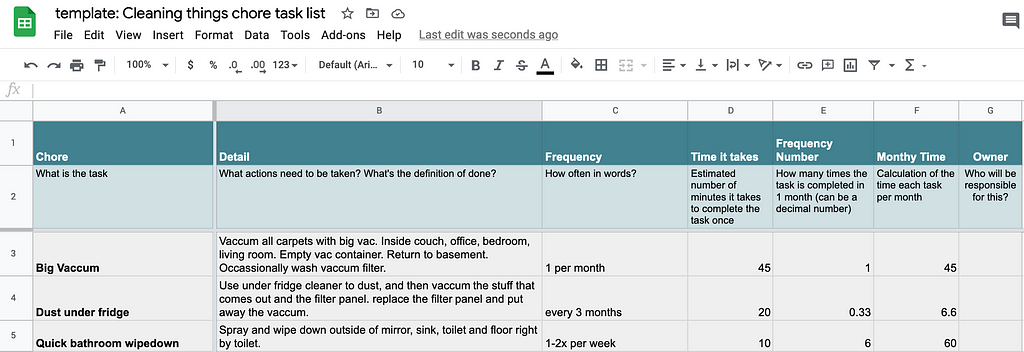 Screenshot of the chore list spreadsheet template