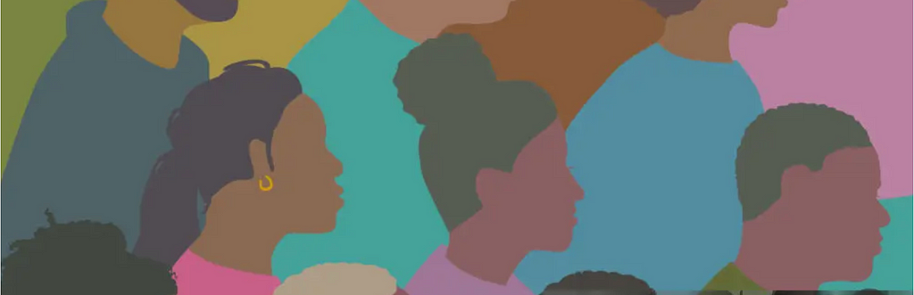 Ilustração digital que mostra o perfil de várias pessoas, em cores sóbrias que criam um padrão repetitivo.