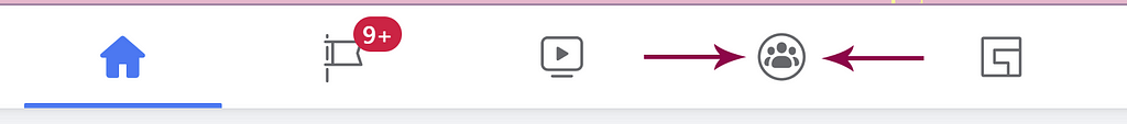 screenshot of the top of Facebook’s main page with arrows pointing toward the group icon