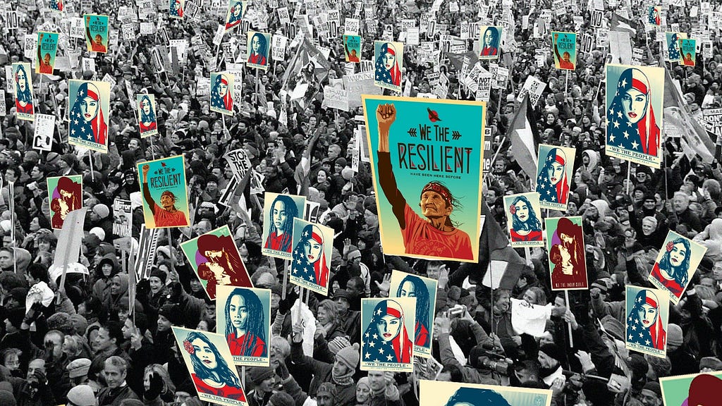 Photo montage with a black and white picture of a demonstration crowd, on the background, and the images of the We The People posters, in colour, replacing the original posters in the picture.