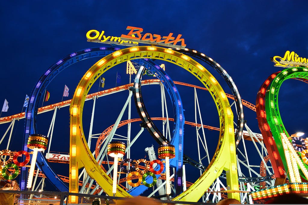 Imagem de uma montanha-russa em parque de diversões com um looping