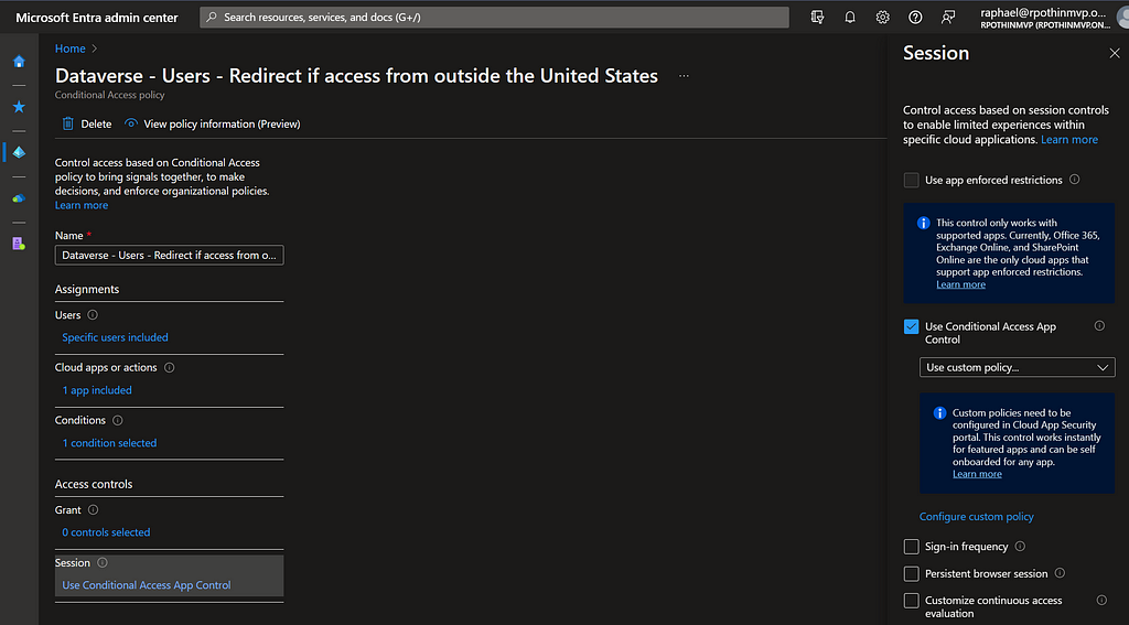 Redirect access to Dataverse from outside United States to Defender for Cloud Apps -Custom policy for Conditional Access App