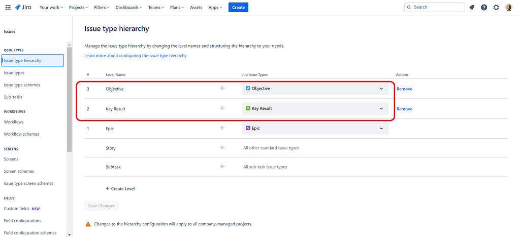 Objectives and Key Results in OKR hierarchy inside Jira Advanced Roadmaps