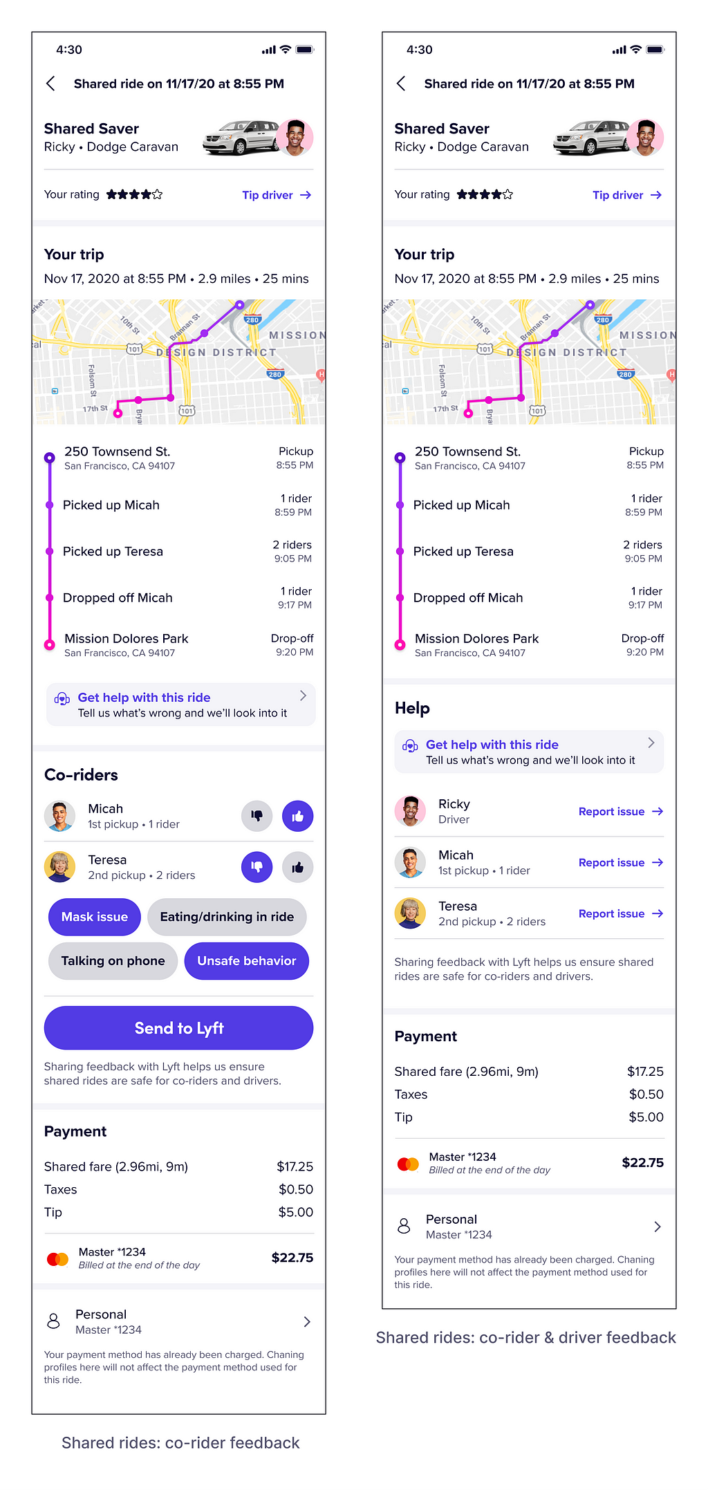 Explorations for adding co-rider feedback and information in shared rides