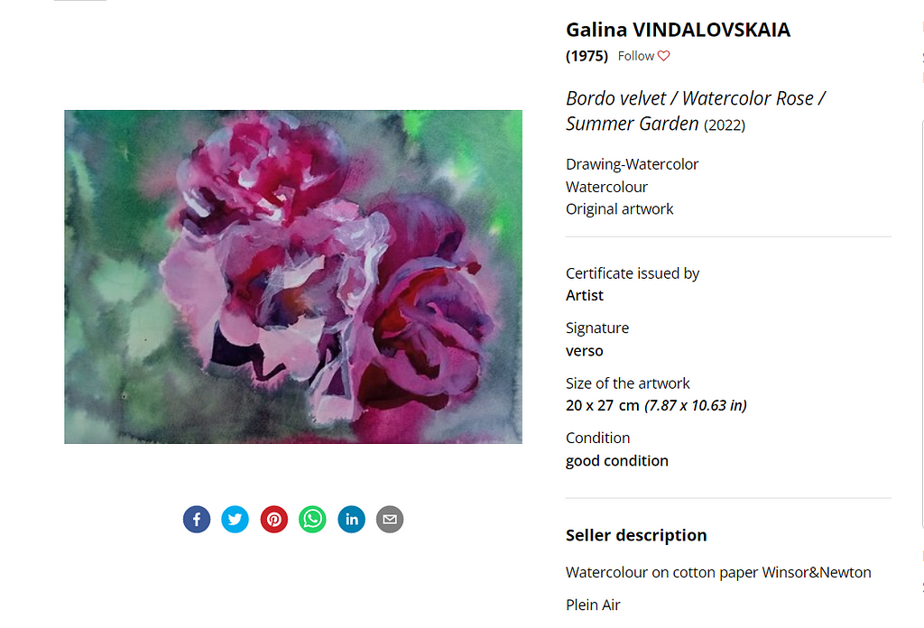 Title: “Velvet Bordo Rose” Artist: Galina Vindalovskaia Medium: Watercolor on Cotton Paper (Winsor & Newton) Style: Realistic Size: 7.8"x10.6" Date 0f creation: 2022 In the artwork “Velvet Bordo Rose,” Galina Vindalovskaia skillfully brings her artistic vision to life by capturing the beauty of everyday life. Created using watercolor on high-quality cotton paper from Winsor & Newton, this painting showcases a realistic portrayal of a stunning bordo rose against a backdrop of lush green leaves. T