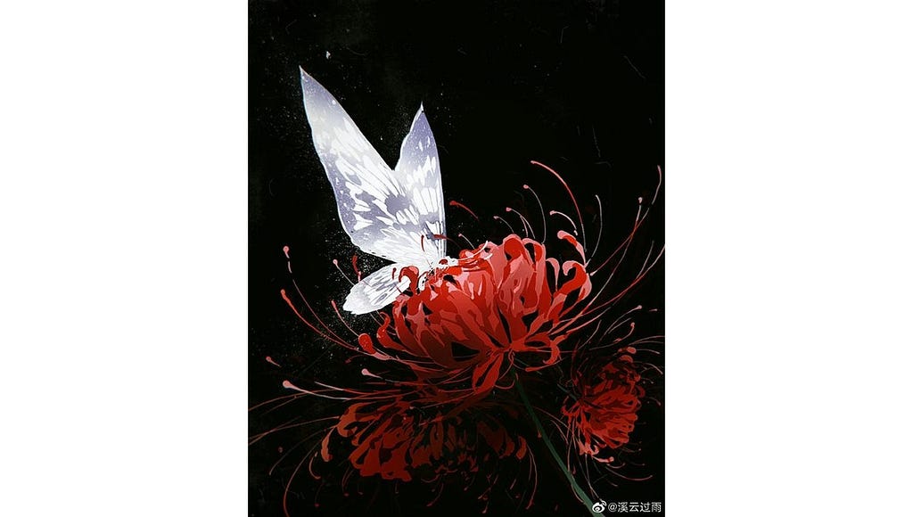 Silver butterfly perched on Red spider lily