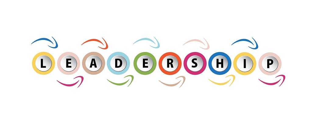 An image of the word leadership, with each letter in a different colored circle