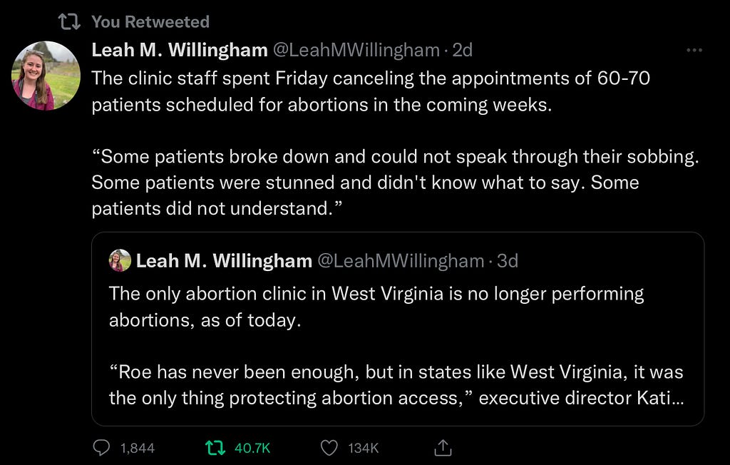 Tweet: The clinic staff spent Friday cancelling appointments of 60–70 patients scheduled for abortions in the coming weeks. “Some patients broke down and could not speak through their sobbing. Some patients were stunned and didn’t know what to say. Some patients did not understand.”