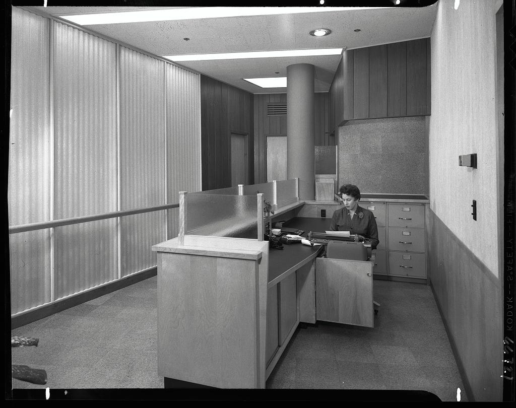 Mr. Russel Wright, 221 E. 48th St., New York City, 27 October 1948. Office with secretary. Source: Gottscho-Schleisner Collection, Library of Congress, Prints and Photographs Division.