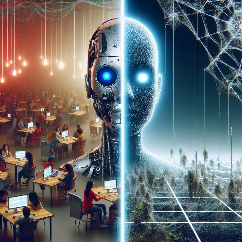 The image serves as a visual metaphor for the dead internet theory. The left side of the image, with its intricate robotic head and individuals immersed in technology, symbolizes the overwhelming presence of artificial intelligence and automated systems that dominate online spaces. The right side, with its featureless head and desolate landscape, reflects the absence of authentic human presence and the eerie silence that the theory suggests has befallen the internet.