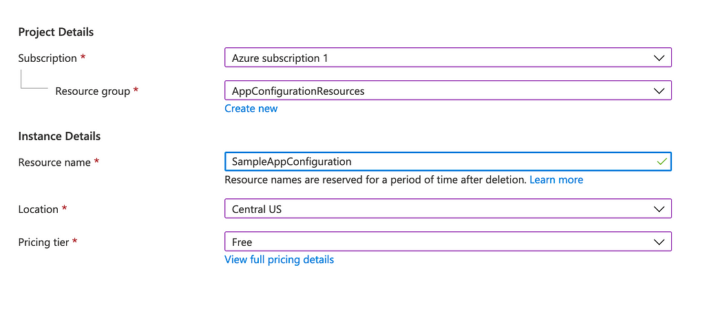 A sample set of fields for setting up an Azure App Configuration resource.
