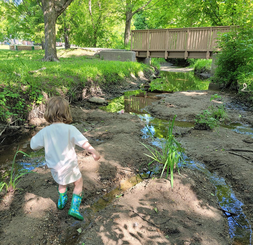 A child with short hair, an over-sized tee shirt and rain boots explores a creek bed in a suburban park. There is a footbridge and lush vegetation in the background.