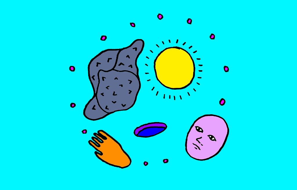 A face, a hand, a spiky blob, a sun, and a hole float in the air within a ring of dots