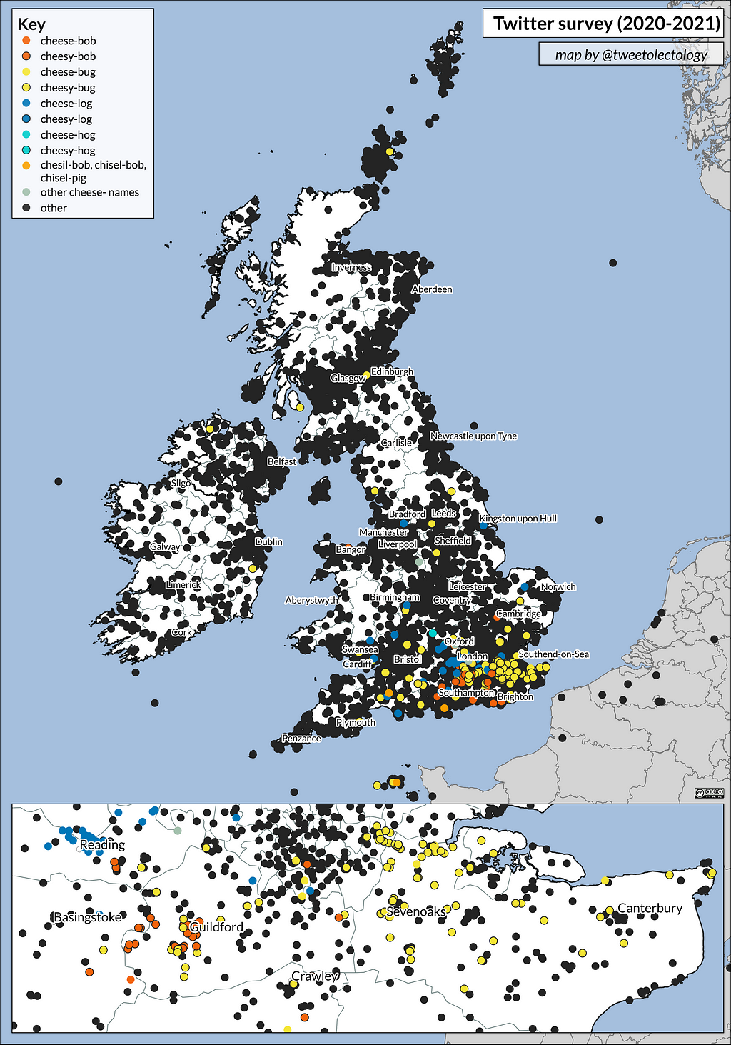 Occurrence map of names containing cheese- and their derivatives