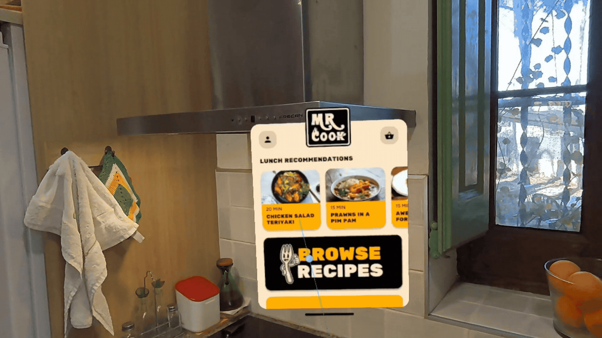 A UI panel floating in an actual kitchen