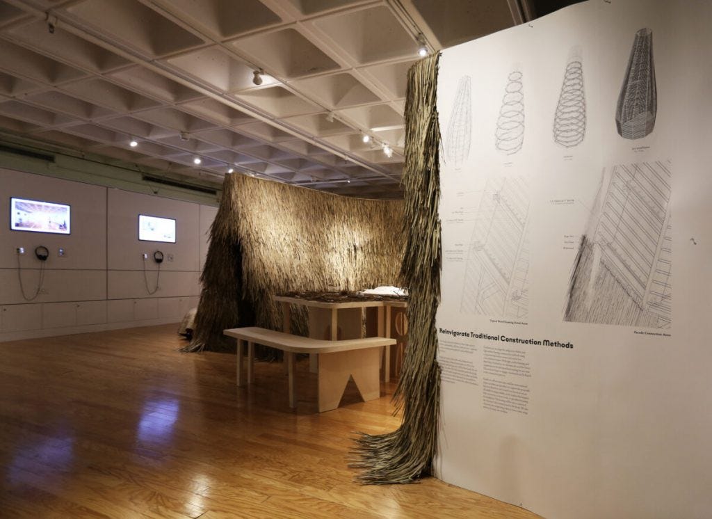 Inside at the MIT Gallery with the exhibition of the “Lodgers” and a full-scale mockup of the thatched roofing technique.