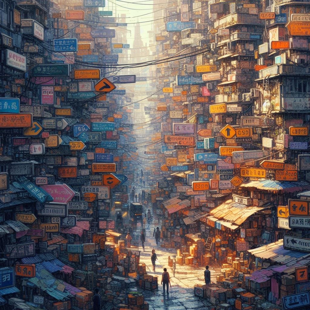AI digital painting of a crowded city full of signs pointing everywhere