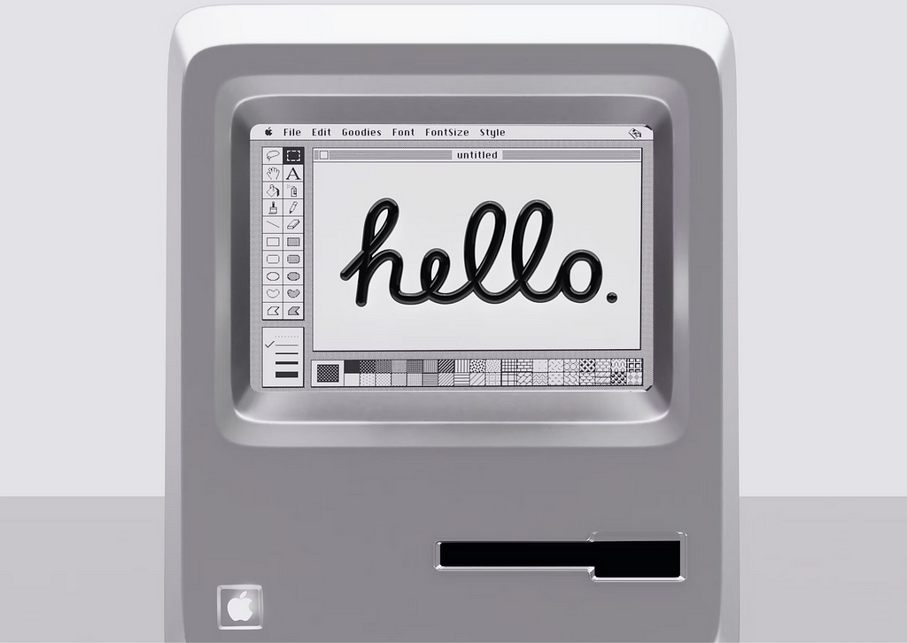 Illustration of a Macintosh 128K displaying “hello” on its screen.