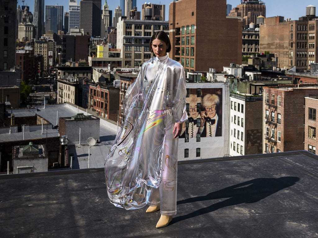 The Iridescence Dress, an NFT digital fashion design produced by The Fabricant in 2019.